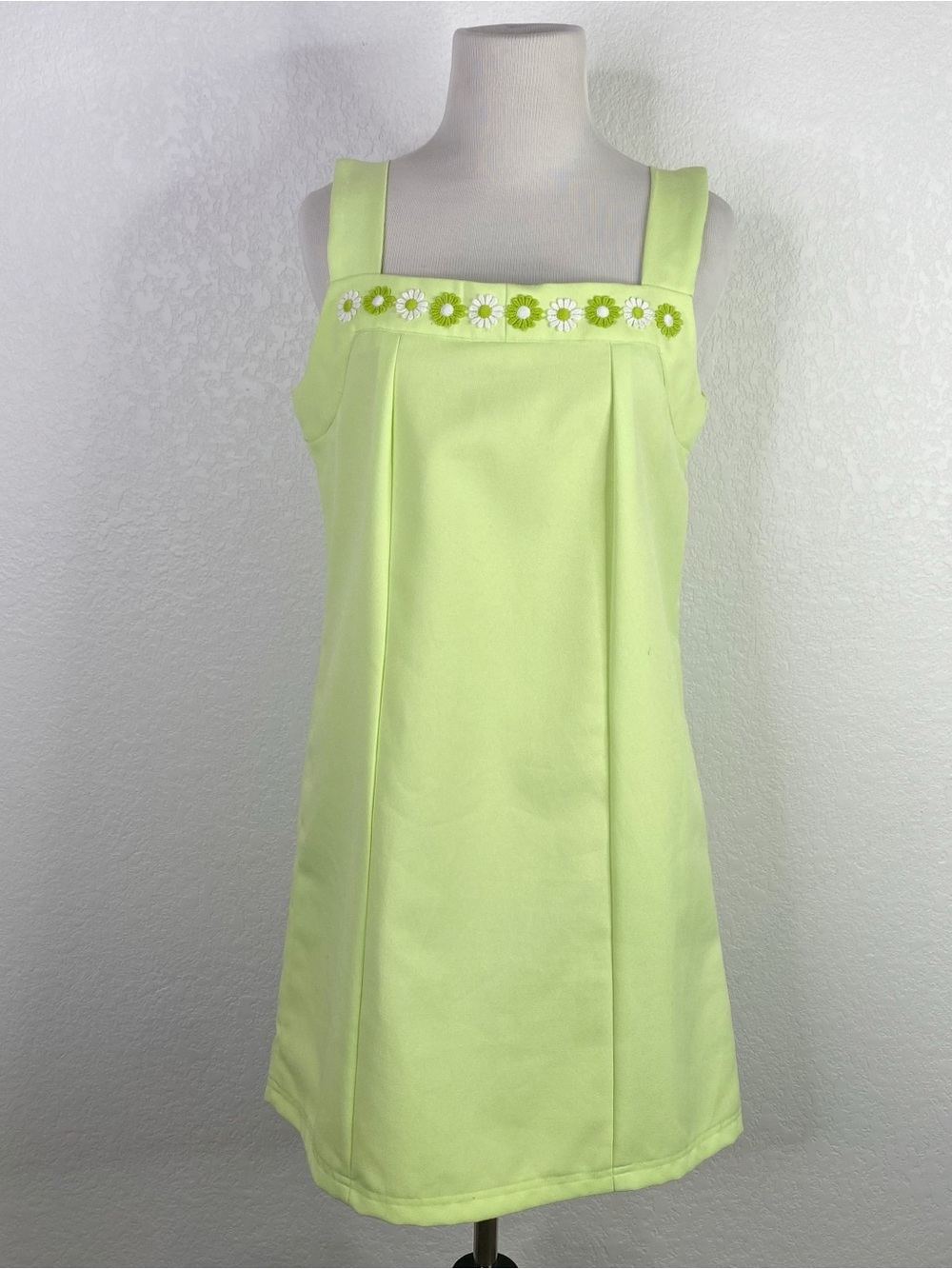 Vintage TF LA Neon Green Daisy Appliqué Square Neck Mod Mini Dress